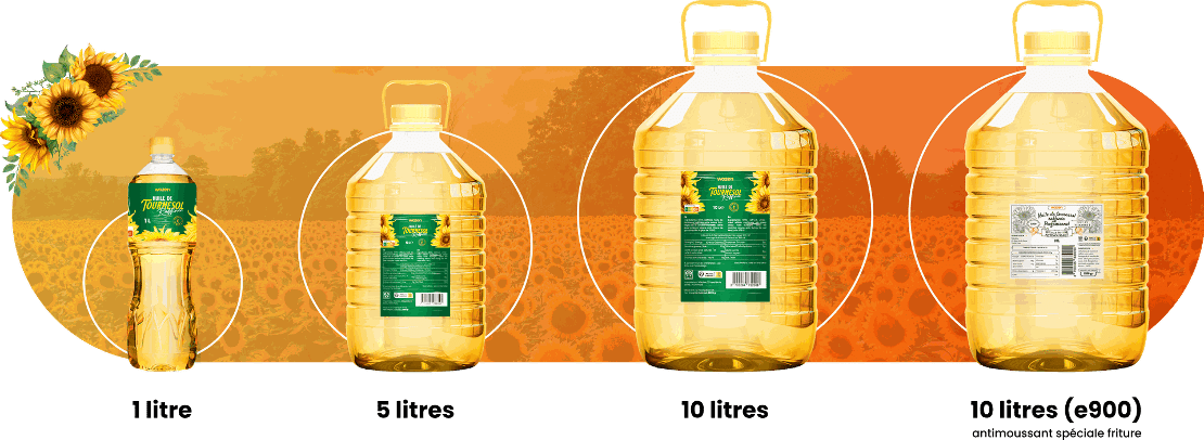 Formats huile de tournesol Wazen : 1L, 5L, 10L, 10L e900