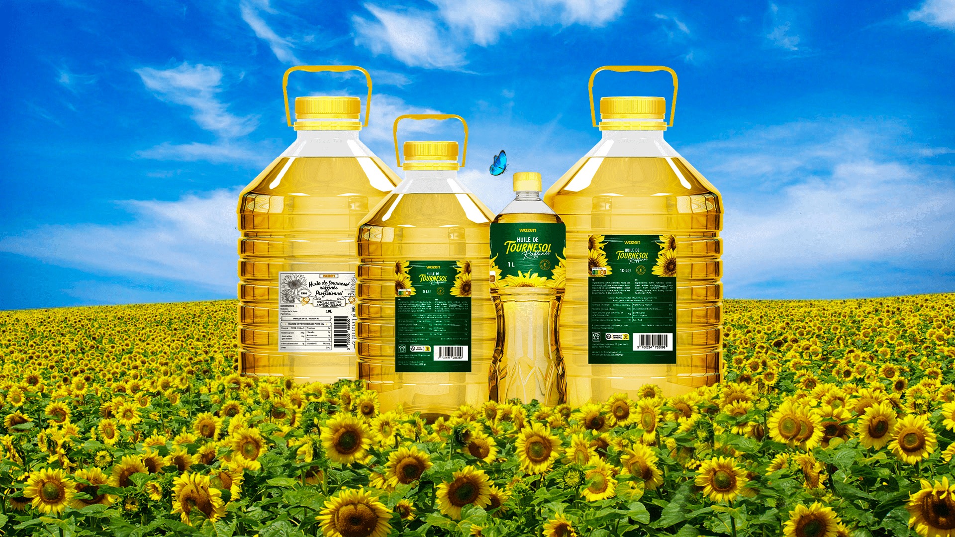 Gamme huile de tournesol Wazen dans champ de tournesols